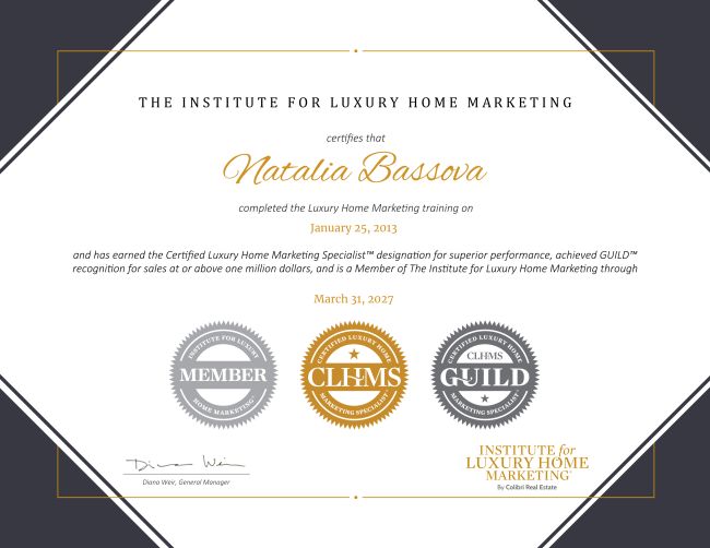 Natalia Bassova Certificate for Institute for Luxury Home Marketing