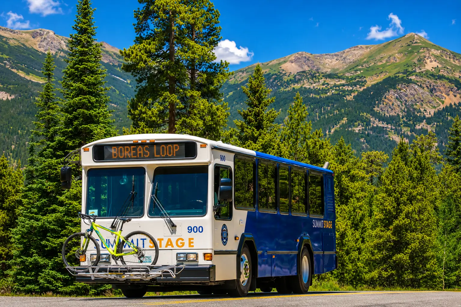 Summit Stage bus with front-mounted bike rack in Summit County Colorado