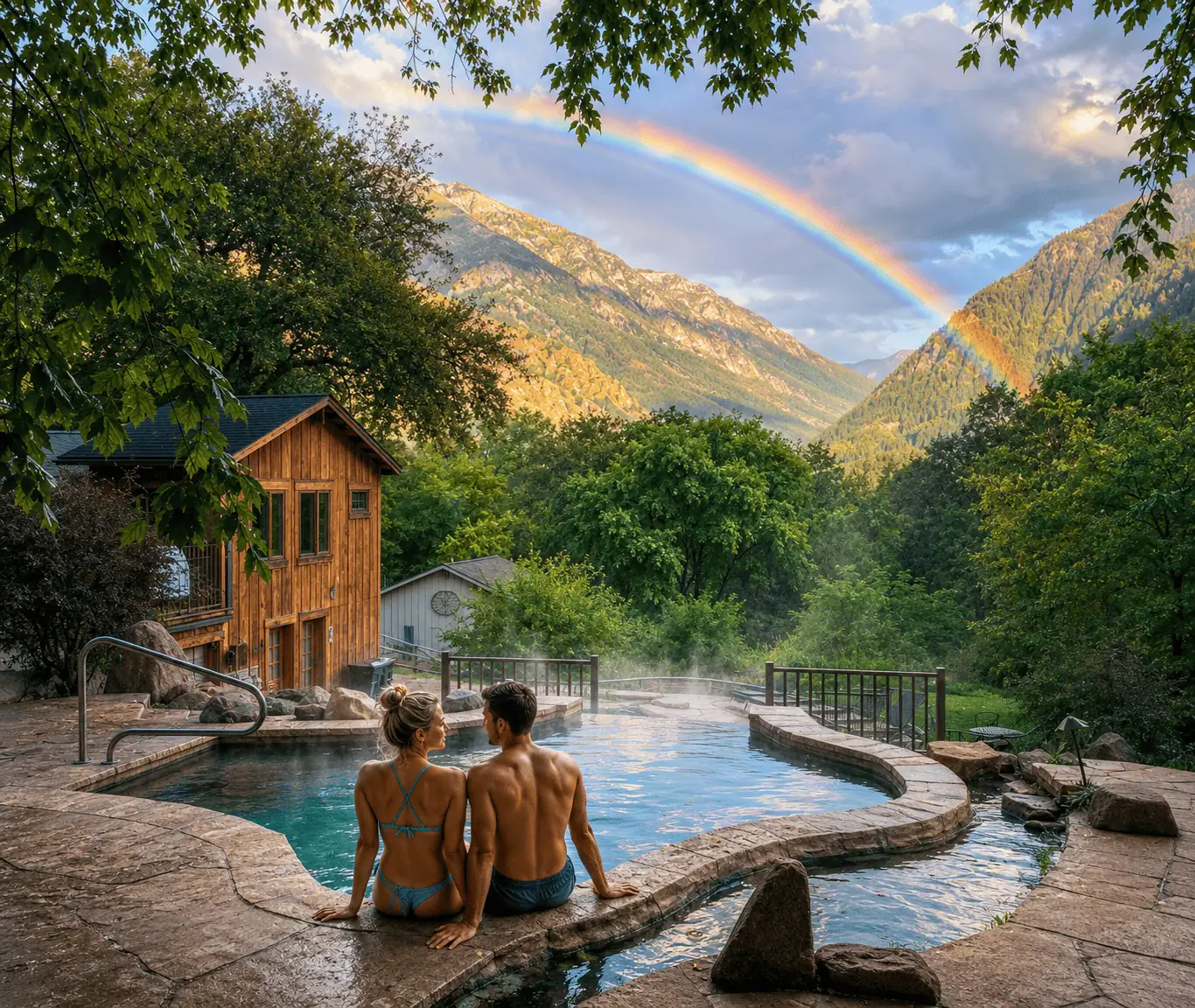 Rustic cabins and mineral pools at Avalanche Ranch Natural hot springs pools at Avalanche Ranch in Redstone, Colorado
