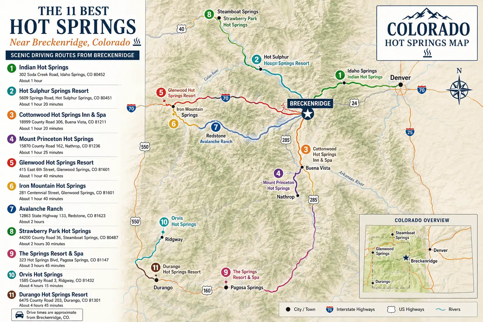 Hot springs map showing driving distances from Breckenridge Map of the best hot springs near Breckenridge and Summit County, Colorado
