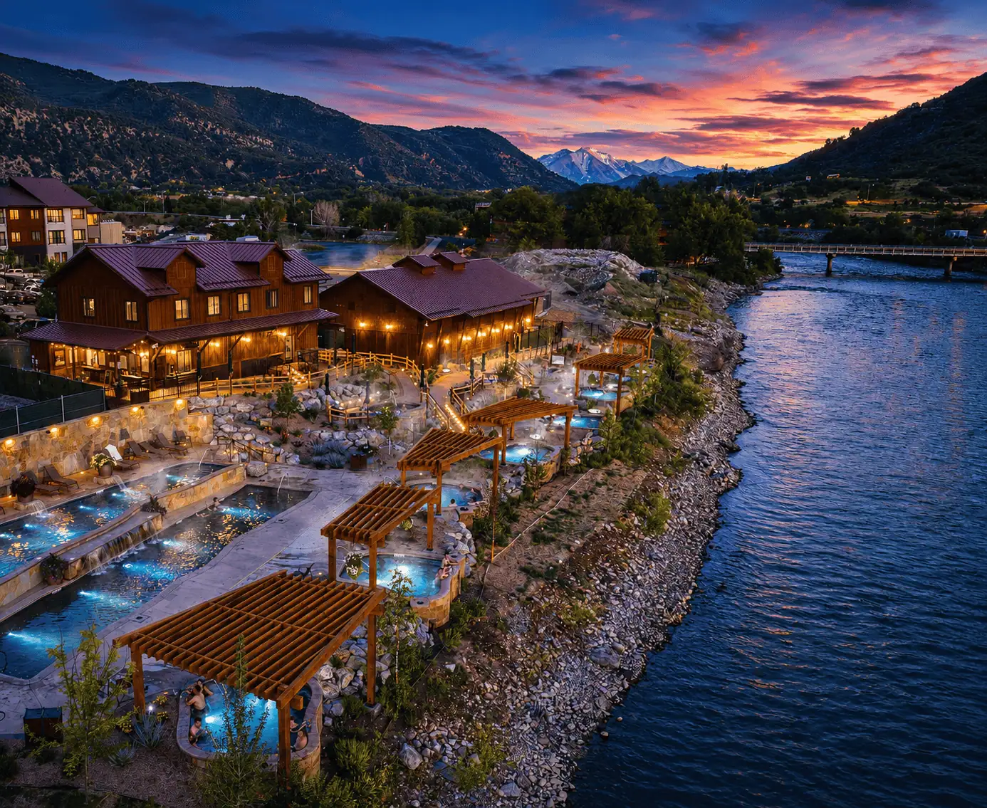 Scenic soaking pools at Iron Mountain Hot Springs Iron Mountain Hot Springs overlooking the Colorado River