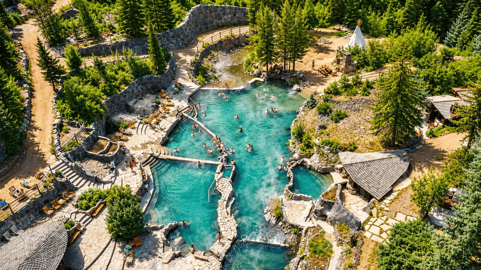 Natural stone hot springs surrounded by forest at Strawberry Park Strawberry Park Hot Springs in Steamboat Springs, Colorado