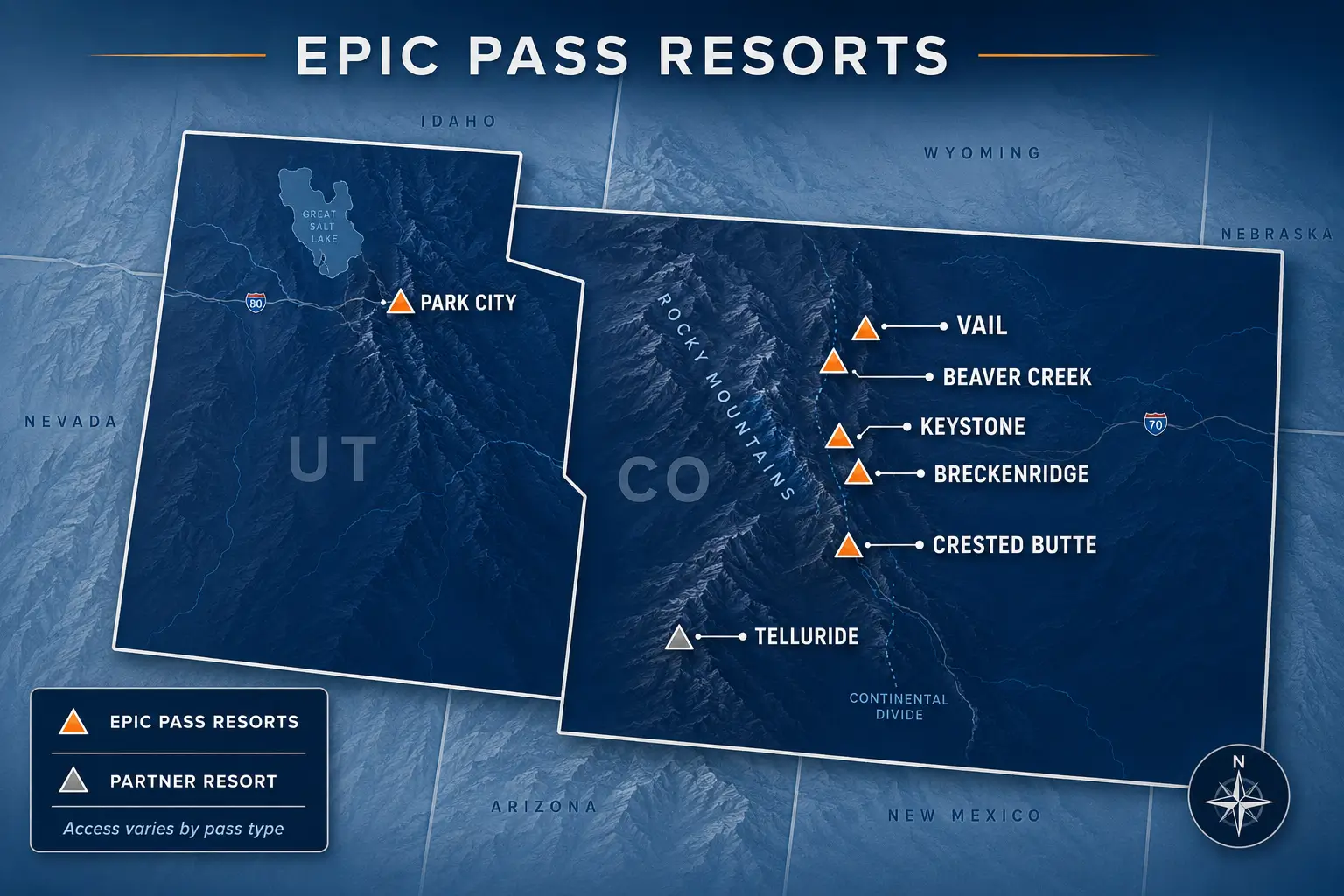 Where the Epic Pass can take skiers from Breckenridge Epic Pass ski destinations including Breckenridge and Colorado mountain resorts